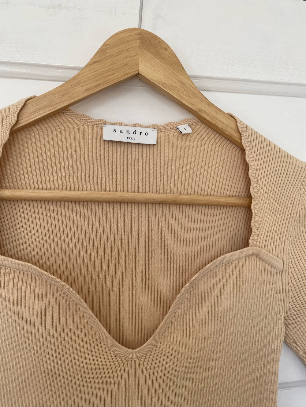 Sandro Beige Rib Knit Sweetheart Top - Picture 6 of 12